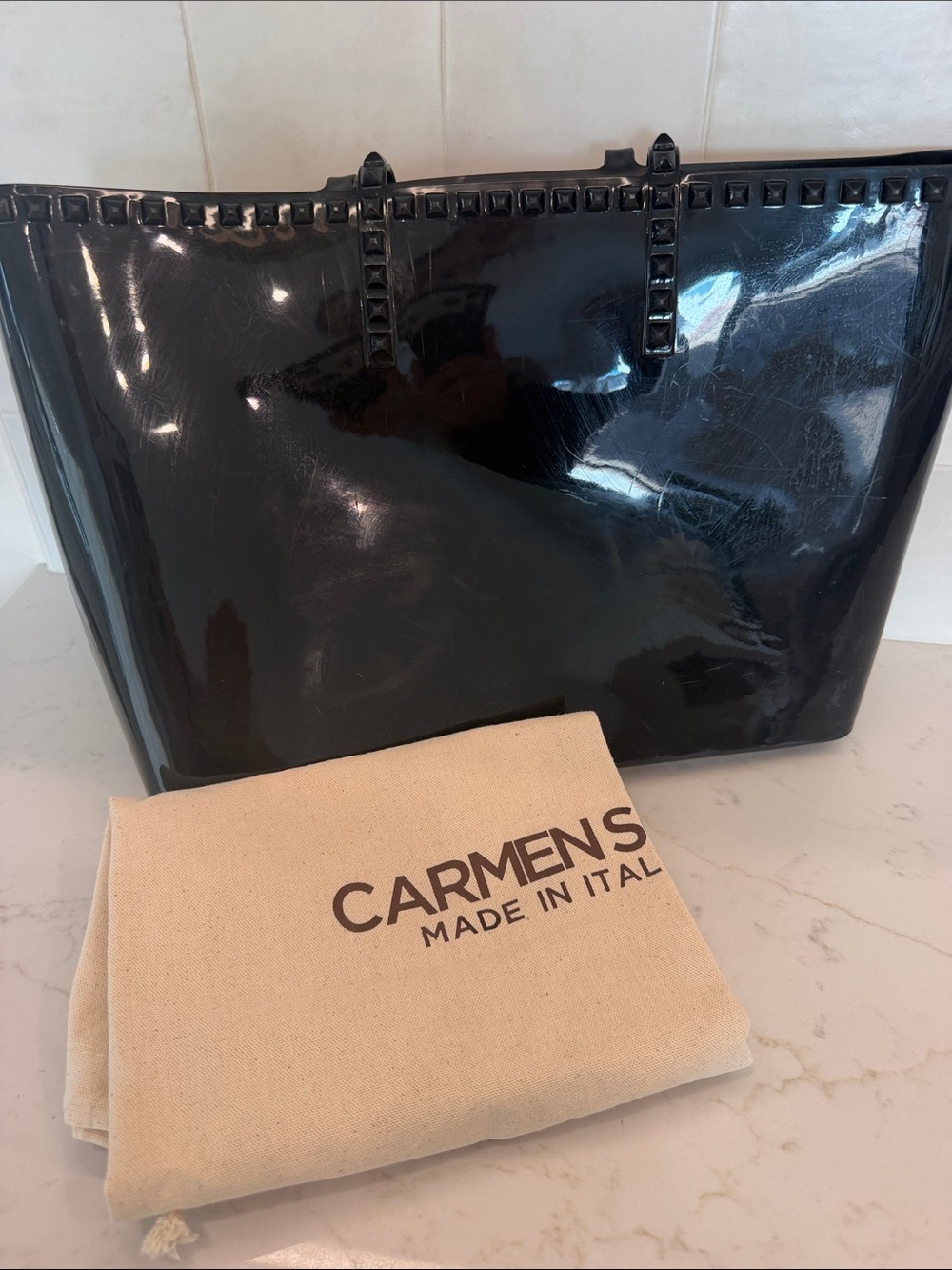 Glossy Black Studded Tote Bag